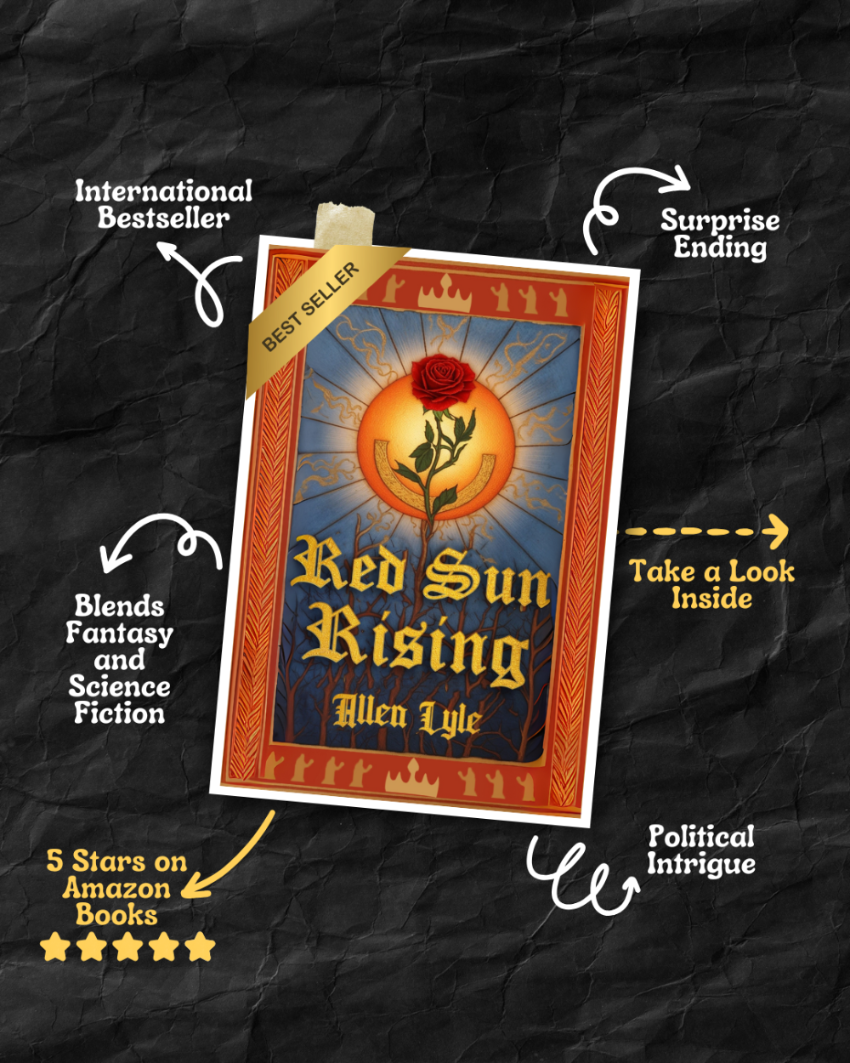 Book cover of 'Red Sun Rising' with promotional text on a black textured background